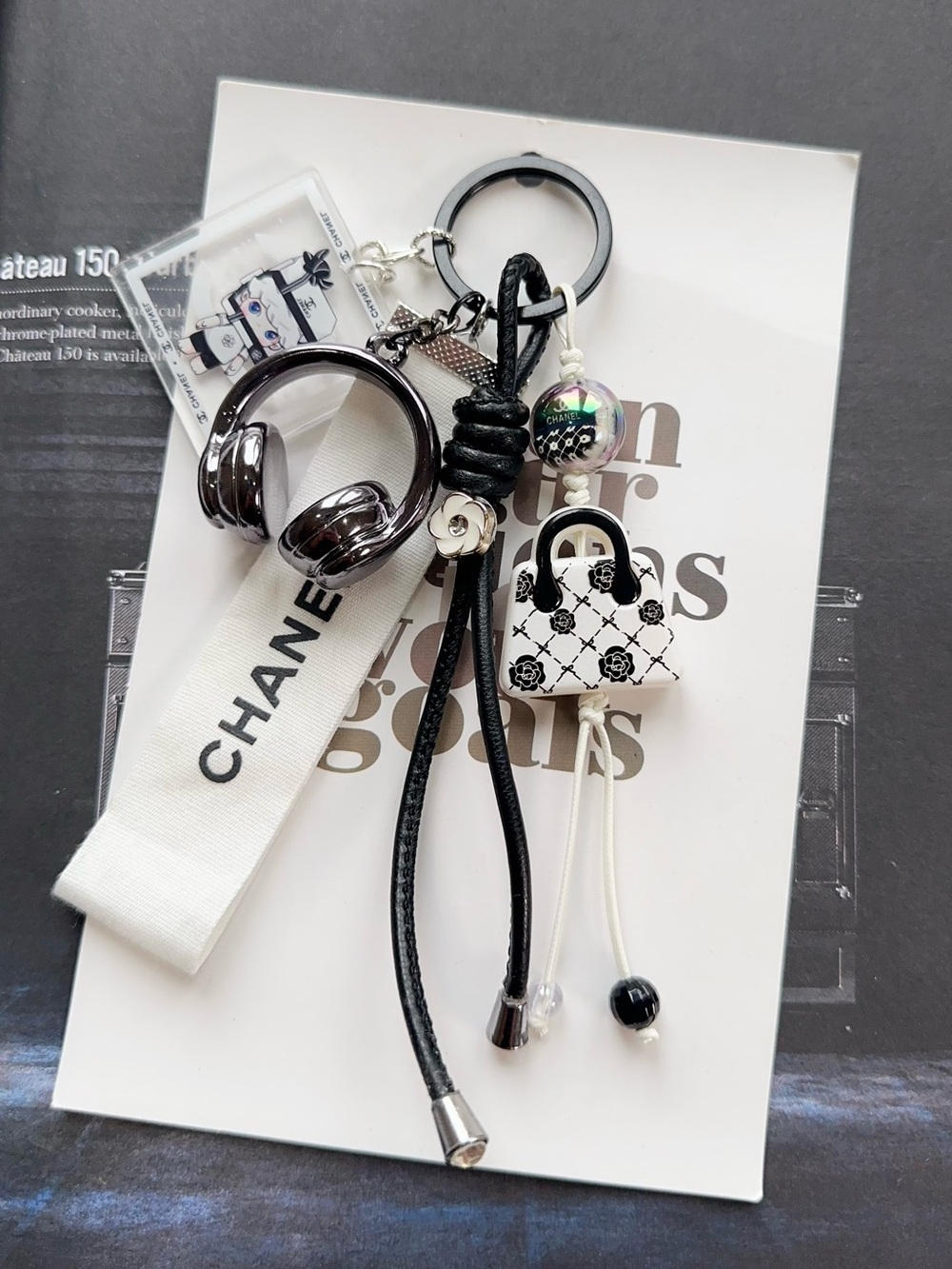 Authentic CC Ribbon & Unbrand Black White Headphone and Purse Keychain Bag Charm